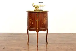 French Vintage Marquetry Demilune Nightstand or End Table, Marble Top #42309