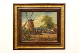 Dutch Village Windmill & Horses Vintage Original Oil Painting 35"  #41642