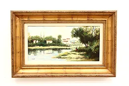Romantic Stroll on Riverbank Antique Original Oil Painting, Danco 33.5" #42138