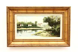 Romantic Stroll on Riverbank Antique Original Oil Painting, Danco 33.5" #42138