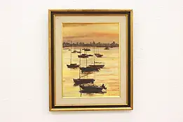 Harbor with Boats at Sunset Vintage Original Oil Painting, Hutchinson 24" #42073