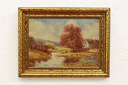 House Along Riverbank Antique Original Oil Painting, Donaldson 17.5" #42079