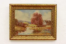 House Along Riverbank Antique Original Oil Painting, Donaldson 17.5" #42079