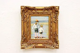 Children Walking on Sunny Beach Vintage Original Oil Painting 17" #42135