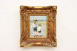 Children Walking on Sunny Beach Vintage Original Oil Painting 17" #42135