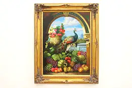 Still Life Peacock & Fruit Vintage Original Oil Painting, Hubert 51" #42095