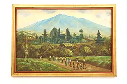 Asian Village Beneath Mountain Vintage Original Oil Painting Signed 37.5" #42546