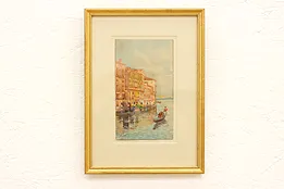Venice Canal & Gondola Antique Original Watercolor Painting Signed 13.5" #42091