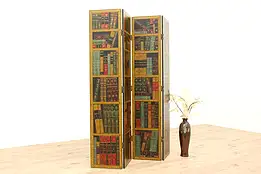 Hand Painted Vintage 4 Panel Room Divider Screen with Classic Books #42076