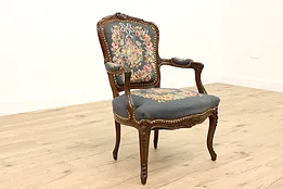 French Vintage Carved Fruitwood Chair, Floral Needlepoint Upholstery #42651