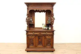 Italian Renaissance Antique Court Cupboard Sideboard, Carved Sculptures #38731