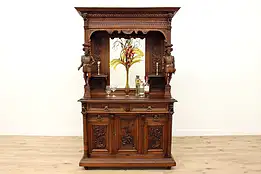 Italian Renaissance Antique Court Cupboard Sideboard, Carved Sculptures #39441