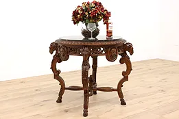 Renaissance Antique Walnut Hall or Lamp Table, Marble Top, Ram Heads #42034