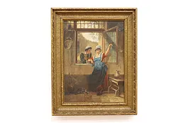 Victorian Courting Couple & Cat Antique Original Oil Painting 24" #42551