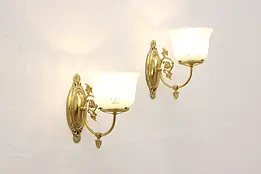 Victorian Style Vintage Pair of Frosted Shade & Brass Wall Sconces #42694