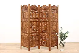 Indian Hand Carved Teak Vintage 4 Panel Screen, Leaf Motifs  #41584