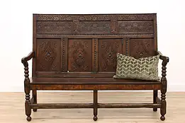 French Farmhouse Antique 1750s Hand Carved Oak Hall Bench Settee #41640