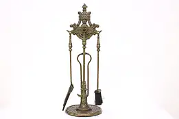 Set of Antique Classical Cast Iron Fireplace Hearth Tools & Stand #42782