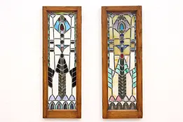 Pair Arts & Crafts Antique Salvage Leaded Stained Glass Windows or Doors #42727