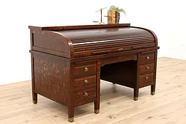 Arts & Crafts Antique Craftsman Oak C Roll Top Library or Office Desk #39010