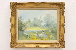 Gathering Buttercups Vintage Original Oil Painting, M. Rice 27" #42559