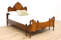 Tudor Style Antique Carved Walnut & Satinwood Full Size Bed #42705
