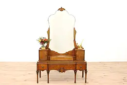 Tudor Style Antique Walnut & Satinwood Vanity & Mirror, Williamsport #42788