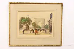 Paris Arc de Triomphe Antique Original Colored French Etching Leray 20.5" #42762