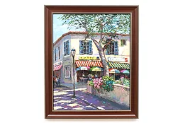 Restaurant & Town Square Scene Vintage Original Oil Painting Rengifo 35" #39915