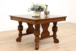 Victorian Antique Carved Oak 45" Square Dining Table, 5 Leaves Extends 8' #38781