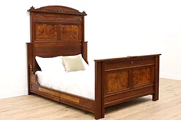 Victorian Eastlake Antique Carved Walnut & Burl Queen Size Bed #41655