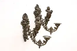 Pair of Bronze Vintage Cherub Dionysus Grape Wall Candle Sconces #42625