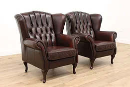 Pair of Traditional Vintage Carved Birch & Leather Wingback Chairs #43007
