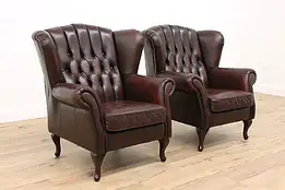 Pair of Traditional Vintage Carved Birch & Leather Wingback Chairs #43007