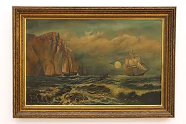 Sailing Ships, Shoals & Cliffs Antique Original Oil Painting, 45" #41470
