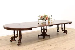 Austrian Antique Walnut 57" Round Dining Table, Carved Base, Extends 12' #38079