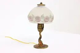 Boudoir or Desk Antique Lamp Reverse Painted Etched Shade, Fish Base  #42657