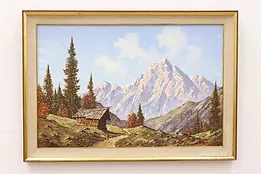 Alpine Scene Original Vintage Oil Painting, Signed R. Hallor 41" #41247