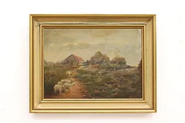 Sheep Grazing Along Path Antique Original Oil Painting, Signed 27.5" #42615