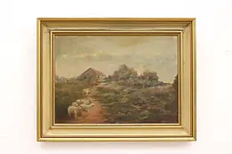 Sheep Grazing Along Path Antique Original Oil Painting, Signed 27.5" #42615