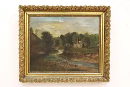 Ohio Sawmill, River Victorian Antique Original Oil Painting Stuckey 27.5" #41114