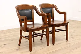 Pair of Antique Leather Back Walnut Banker, Office Desk Chairs, Milwaukee #42843