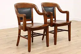 Pair of Antique Leather Back Walnut Banker, Office Desk Chairs, Milwaukee #42844