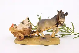 Hand Carved Vintage Painted Donkey Pulling Cart w/ Dog Alpine Sculpture #43045