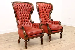 Pair of Georgian Antique Tufted Red Leather Wingback Chairs #43017