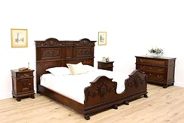 Renaissance Antique Carved Walnut 4 Pc Italian Bedroom Set, King Size Bed #42858