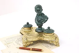 Classical Antique Brass Double Inkwell with Bronze Roman Emperor #43093