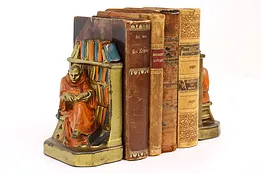 Pair of Antique Monk Reading Painted Brass Bookends #43092