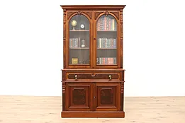 Victorian Antique Carved Walnut Burl Secretary Desk & Bookcase #42715