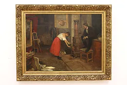 Couple in Art Studio Antique Original Oil Painting, Der Ohe 48.5" #42901
